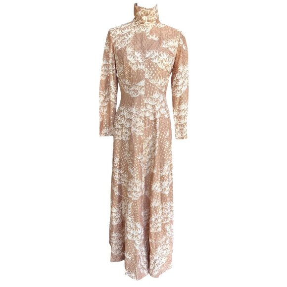 VTG Nancy Greer Dress Gold Metallic Mock Neck Sz 12 Thanksgiving Fall Floral 60s - Picture 1 of 9